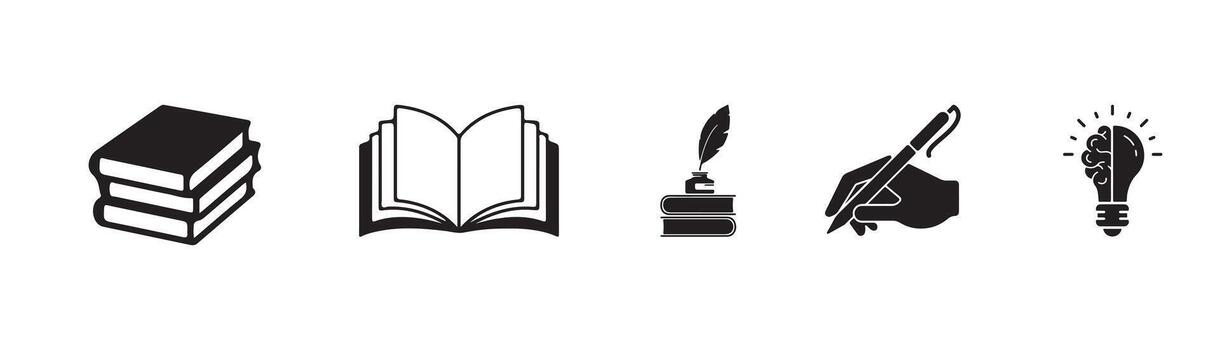 educación íconos colección - apilar de libros, abierto libro de texto, pluma bolígrafo, escritura mano, y cerebro bombilla idea en negro y blanco conjunto para aprendizaje y creatividad diseños vector