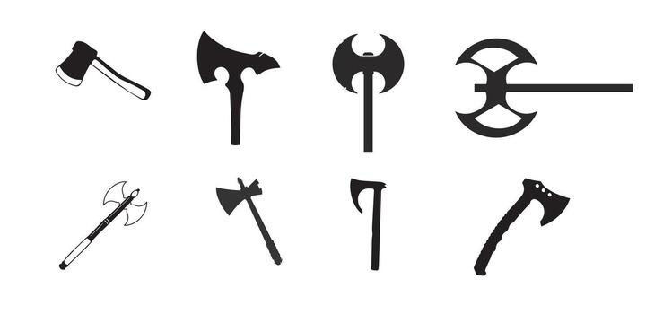 Collection of axe designs featuring eight different styles in various modes for woodcutting and traditional tools vector