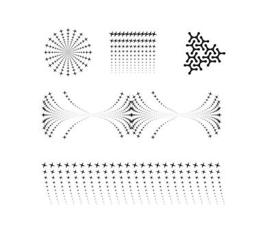 resumen Starburst patrones colección - radial estrella diseño, vertical estrella gradación, geométrico nudo, simétrico estrella fluir, y horizontal estrella formación en negro y blanco conjunto para decorativo Arte vector