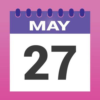 May twenty seventh date on a calendar page displays against a pink gradient background vector