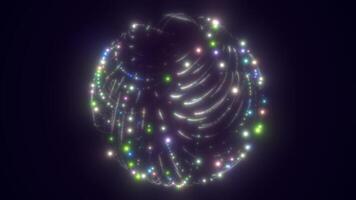 abstrato esfera do colorida brilhando partículas formando dinâmico luz trilhas video