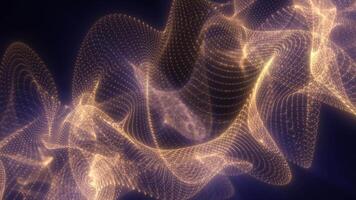 Glowing golden particles swirl into an elegant abstract wave pattern, flowing through dark space with radiant motion video