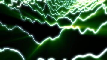 Bright green and yellow glowing lines ripple across a digital wavefield, forming dynamic and abstract energy paths video