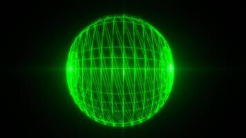 un' raggiante 3d griglia sfera con intersecano neon verde linee, che rappresentano Avanzate tecnologia e digitale sistemi nel un' futuristico stile video