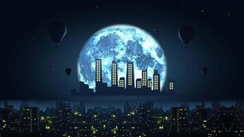 Schleifen Animation von ein stilisiert Stadtbild beim Nacht mit glühend Fenster, ein groß voll Mond, und heiß Luft Luftballons. es können Sein benutzt wie ein dynamisch Hintergrund video
