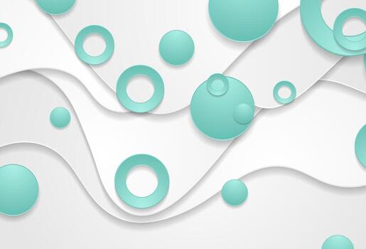 Mint green and grey paper waves with circles abstract tech background vector