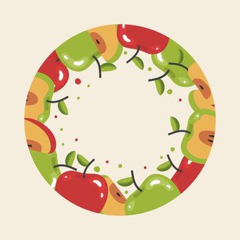 illustration of green and red apples, a frame for postcard templates and inscriptions on a beige background vector