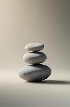 Balanced stack of four smooth stones of varying sizes, arranged in a gentle gradient backdrop of beige and gray hues. The stones are textured, with a natural, matte finish, set photo