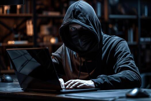Anonymous figure in a hoodie and mask using a computer, concept for cyber security or hacking photo