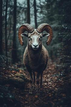 Ram in a misty forest photo