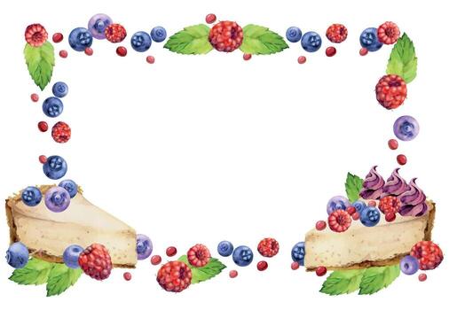 Plump berries topping cheesecake with mint leaves, blueberry raspberry scattered in corner frame. Isolated hand painted illustration. Event menus, recipe visuals, wrapping paper, editorial spreads. vector