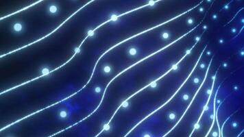 Abstract glowing blue grid with light nodes flowing in wave-like formation video