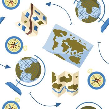 seamless pattern with world map, globe and travel items. Exploration, adventure and journey concept. vector