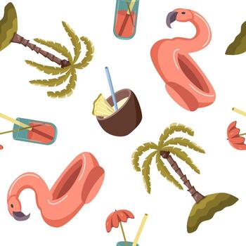 seamless pattern with items for swimming and relaxing on the beach. Palm tree, cocktails and swimming ring image. vector