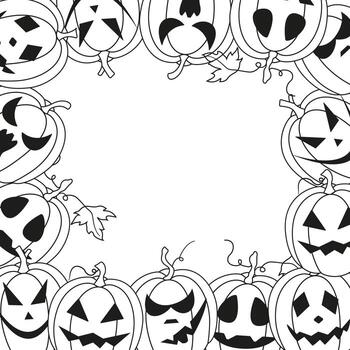 frame with copy space for Halloween. Scary image of pumpkins with faces in doodle style. vector