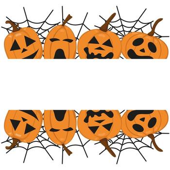 banner with Halloween design elements. Image of pumpkin with scary faces and cobwebs. vector