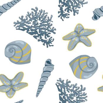 Underwater seamless pattern with starfish, corals and shells. Design for textile, scrapbooking and branding. vector