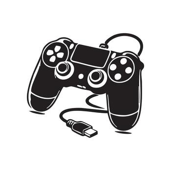 Monochrome Illustration of a Modern Game Controller with a USB Cord, a Classic Gaming Accessory vector