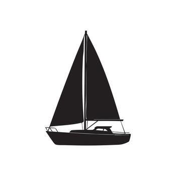Black and White Silhouette of a Sailboat on the Open Ocean Sailing Freely with the Wind Powering it Forward vector