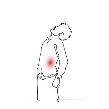 man stands with his face upturned, his mouth open, his hand clenched into a fist, his back arched, and a red spot in his lower back the source of pain. One line art vector