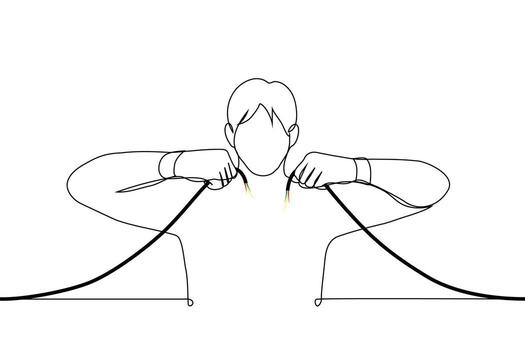 man holding broken wire - one line art . concept of problem with electricity, breaking wires or connections vector