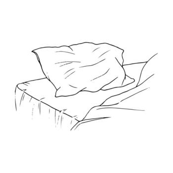 Close up of a section of an open bed, pillow, and blanket slightly pulled back - hand drawn line art drawing vector