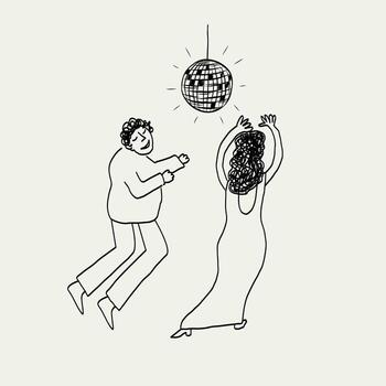 Abstract sketch of dancing couple at disco on isolated background. Hand drawn illustration of people in rhythmic dance movements and glowing mirror ball, activity, new year event. Joy characters vector