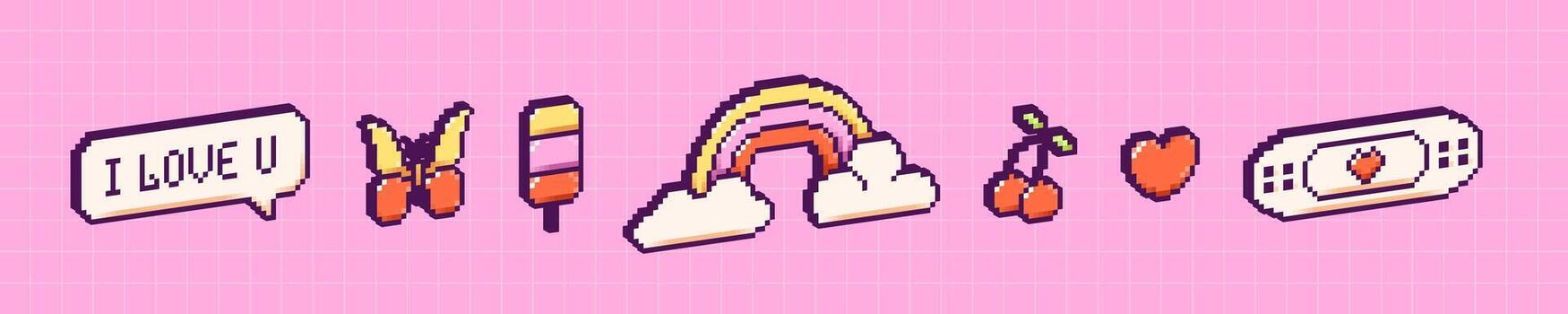 Y2K pixel UI 3d elements. Rainbow, butterfly, cherries, ice cream, heart and speech bubble. vector