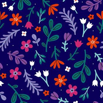 Seamless pattern with bright flowers and leaves on a blue background. graphics. vector