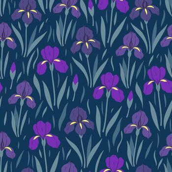 Seamless pattern with iris flowers on a dark blue background. graphics. vector