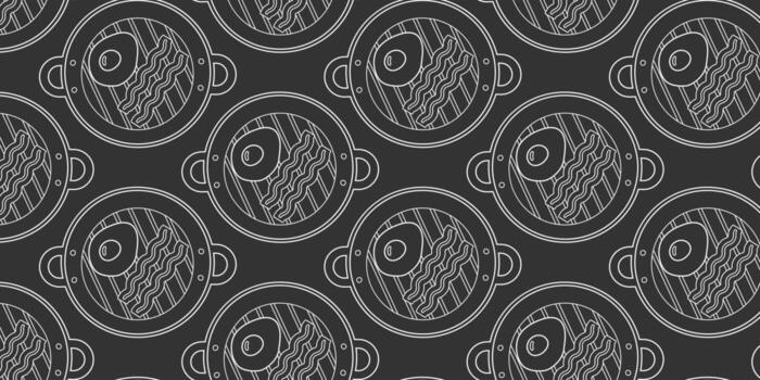 frito huevo y tocino tiras en parrilla pan sin costura modelo tiza efecto comida antecedentes bandera formato. aislado ilustración desayuno o comiendo relacionado contenido fondo pancartas, folletos, etiquetas vector