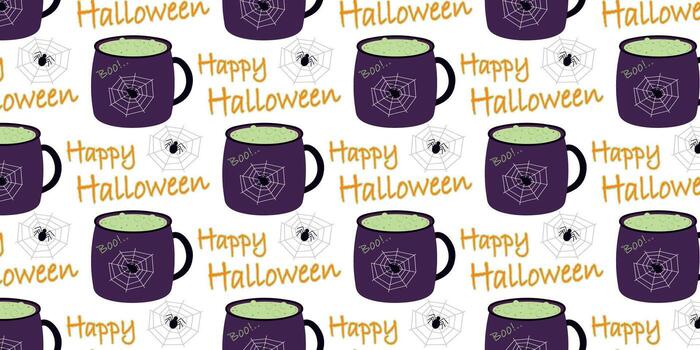 bruja poción en jarra con araña telaraña y letras abucheo en eso y contento Víspera de Todos los Santos texto sin costura aficionado. aislado ilustración Víspera de Todos los Santos saludos antecedentes fiesta invitación o bandera, folletos, precio vector