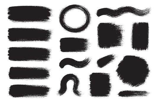 High-resolution black paint brush stroke set featuring grunge ink textures, abstract strokes, circles, rectangles, and artistic paint shapes. Perfect for digital design, backgrounds, and creativity. vector