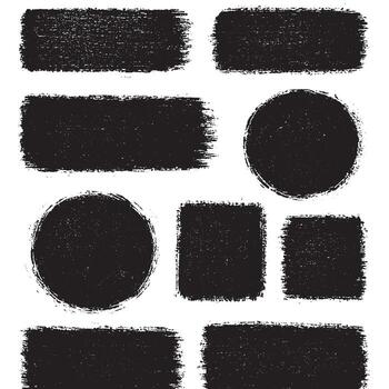 Set of abstract grunge brush shapes including circles, squares, and rectangles. Perfect for backgrounds, textures, posters, logos, digital art, and modern graphic design projects. vector