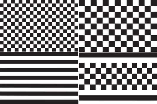 High-contrast black and white geometric optical illusion patterns featuring checkerboard grids and stripes. Perfect for backgrounds, abstract art, modern design, and digital graphic projects. vector