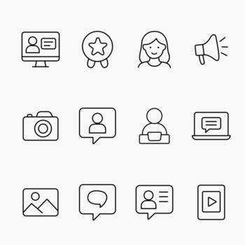 Collection of simple outline icons representing UGC, communication, media and lifestyle elements vector
