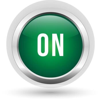 Shiny green button with metallic border and ON text, symbolizing power or start vector