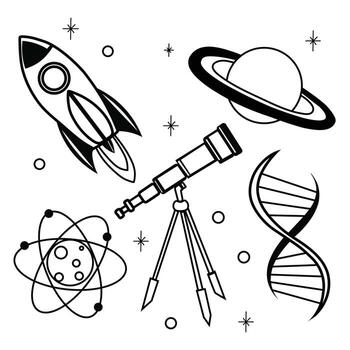 Space exploration rocket telescope dna atom planet science icons for educational and creative projects vector