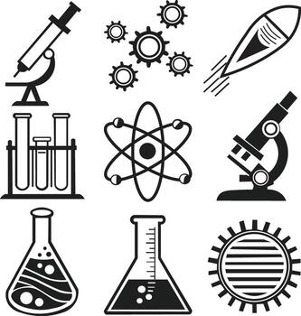 Collection of science and technology icons including microscopes lab beakers and atomic structure vector