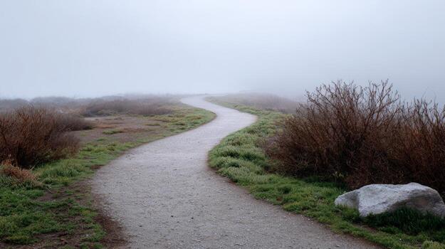 Misty pathway through foggy landscape with lush greenery and rocks photo