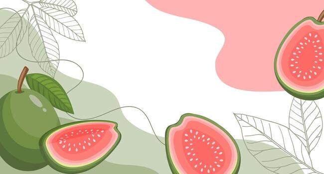 Guava background. A composition of guava fruits with organic shapes and leaves on an abstract background. Card, banner, poster. vector