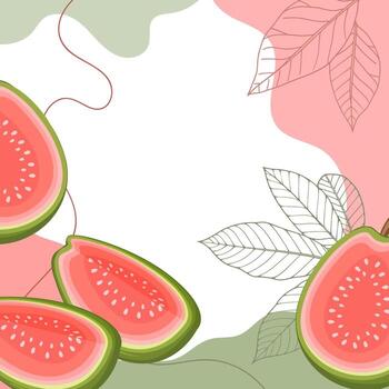 Guava fruits background. A composition of guava fruits with organic shapes and leaves on an abstract background. Card vector