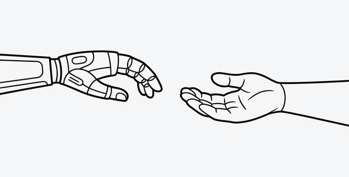 Robot and human hands reaching out to each other representing technology vector