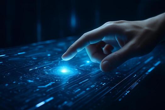 futuristic digital art of human hand interacting with glowing cyber interface symbolizing human computer interaction data connectivity and advanced technology photo