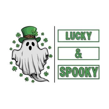 un fantasmal figura con un sombrero rodeado por tréboles y texto elementos Víspera de Todos los Santos tema camiseta diseño vector