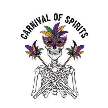 Skeleton with mask and carnival of spirits text on white backdrop halloween theme tshirt design vector