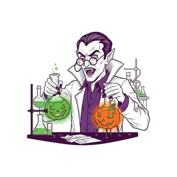 A scientist with fangs doing experiments with pumpkin shaped flasks halloween theme tshirt design vector