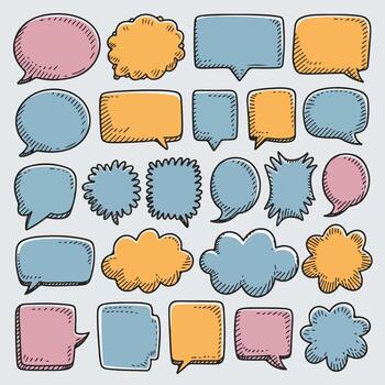 colección de mano dibujado habla burbujas en varios formas y colores garabatos estilo icono conjunto vector