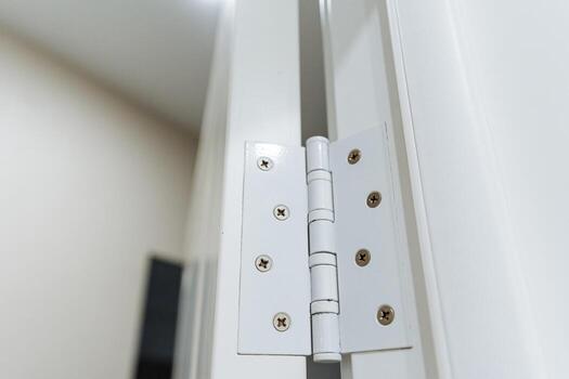 A closeup view of a pristine white door hinge featuring shiny silver mounting plates and screws, making it an ideal choice for enhancing various home renovation projects effectively photo