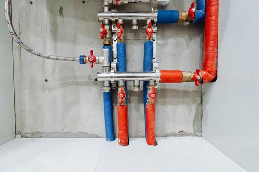 The modern plumbing system features innovative design elements such as colorcoded pipes and valves, enhancing efficiency and userfriendliness in building construction and infrastructure maintenance photo